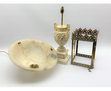 Alabaster plafonnier A/F, brass hall lantern (without glass) and a table lamp, H55cm