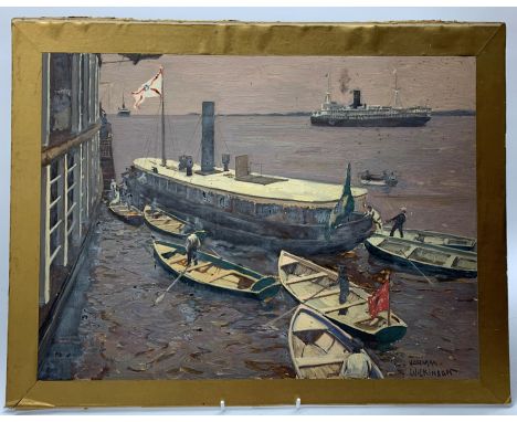 Norman Wilkinson (British 1878-1971): Passenger Transfer from a  Steam Ship, oil on artists board signed 34cm x 45.5cm unfram