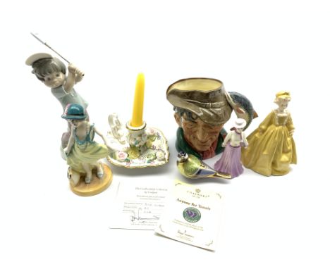 Lladro figure of a boy playing golf, Royal Worcester figure 'Grandmothers Dress' modelled by F.G. Doughty, Royal Doulton figu