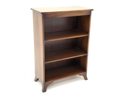 20th century inlaid mahogany open bookcase, with two shelves, raised on splayed bracket feet, W62cm Condition Report & Furthe