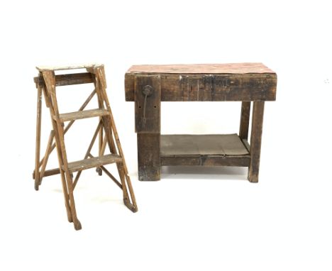 Small vintage pine workbench with vice and under tier, (W91cm) and a Hatherly two rung step ladder, H78cm Condition Report & 