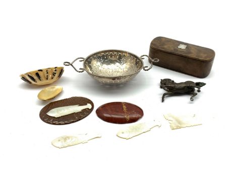 19th Century burr elm snuff box with engraved shield shape cartouche dated 1856, Victorian silver strainer, two small shell d