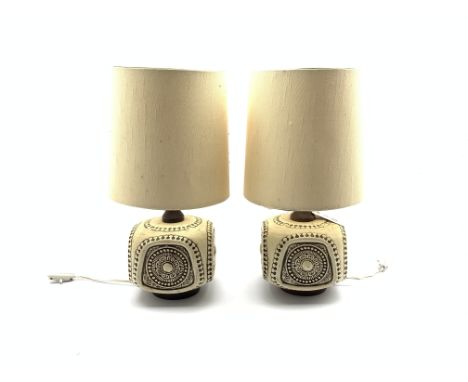 Pair ceramic and wood table lamps with shades, H43cm including shade