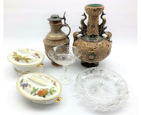 Stein jug, Wilhelm Schiller &amp; Son majolica vase marked WS &amp; S to the base, H36cm, Stuart Crystal footed bonbon dish, 