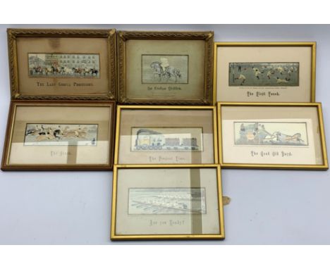 Seven Stevengraphs in Thomas Stevens mounts titled 'The Lady Godiva Procession', 'Ye Ladye Godiva', 'The First Touch', 'The G