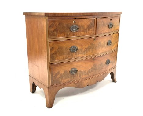 19th centruy mahogany bow front chest of two short and two long drawers, with serpentine apron and splayed bracket feet,  Con