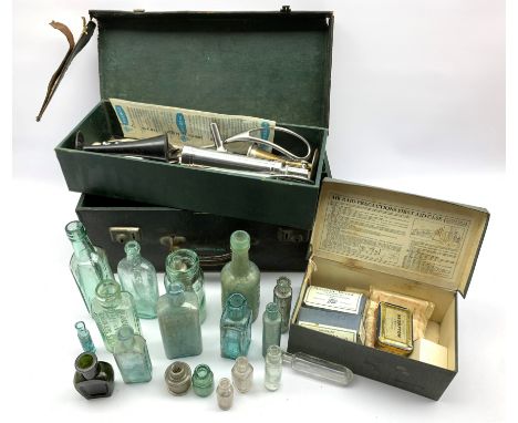 Obstetrician's surgical instruments including forceps, fetal heartbeat trumpets etc in fitted carrying case, quantity of old 