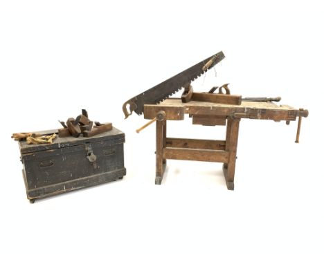 Victorian stained pine carpenters chest on castors, (W89cm) with vintage tools to include planes, saws, etc, and a vintage ca