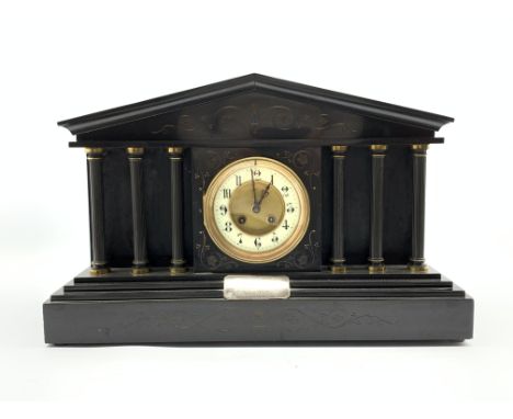 Victorian slate marble architectural mantle clock, inscised gilt scrolled decoration, six fluted pilasters flanking white ena