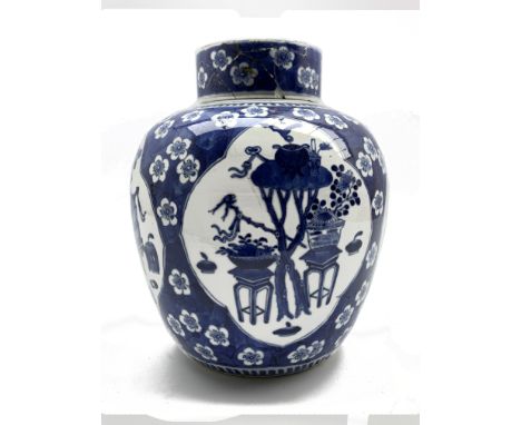 19th Century Chinese vase and cover decorated in blue and white with panels of precious things and with Kangxi mark H23cm Con