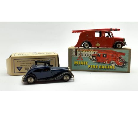 Tri-ang Minic - clockwork tin-plate fire engine 62M with double ladders on roof and clockwork tin-plate Traffic Control Car 2