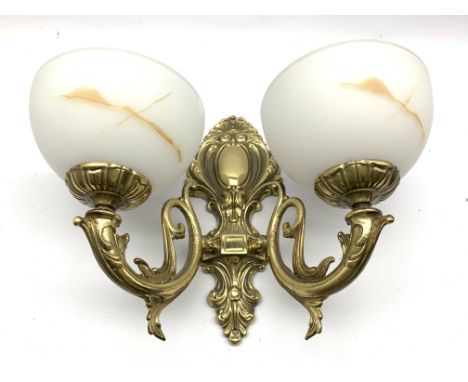 Set six brass two branch electric wall sconces with frosted glass shades, (H30cm) and a similar ceiling light fitting (H34cm)