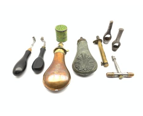 Shooting accessories including copper and brass powder flask 'Sykes Patent', similar pewter flask, 'Joyce F4 No.21' percussio