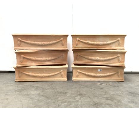Set six trough shaped terracotta planters decorated with floral swags, W51cm Condition Report & Further Details Click here fo
