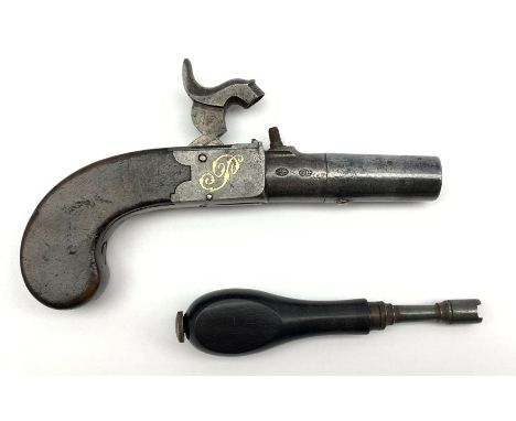 Early 19th Century English percussion pistol, marked 'J Wilkins', proof marks to the side of the barrel, central hammer actio