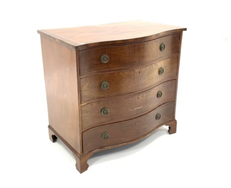  George III mahogany serpentine front chest of four long drawers, with cross banded top and shaped bracket feet, W96cm, H93cm