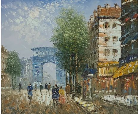 Caroline C Burnett (American 20th century): Parisian Street Scene, oil on canvas signed 49cm x 59cm, 'Entrance to Hyde Park' 