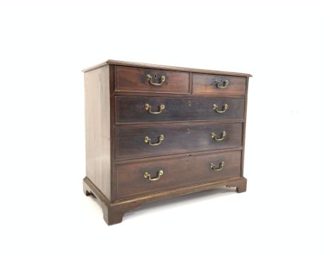 George III inlaid mahogany chest of two short and three long graduating drawers, shaped bracket feet, W104cm, H85cm, D54cm Co