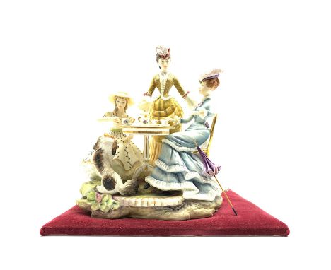 Royal Worcester limited edition group 'The Teaparty', from the Victorian Series, modelled by Van Ruyckevelt, H20cm, on red ve