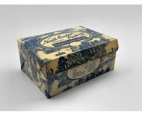 North Eastern Railway 'Light Luncheon' cardboard box, with blue willow pattern print, 18cm x 13cm x 7.5cm