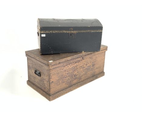 Victorian stained pine blanket box, with hinged lid revealing trinket box, (W93cm) together with a studded leather covered pi