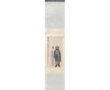 A Chinese hand painted watercolour of a Mongolian warrior with a Chinese beauty, scroll size 57 x 183cm.