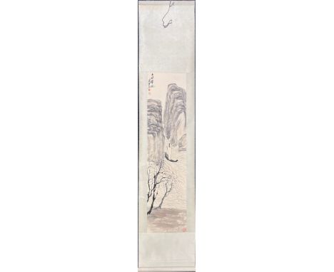 A simple Chinese watercolour scroll painting mounted with a silk background of a sailing boat in a Li river landscape, scroll