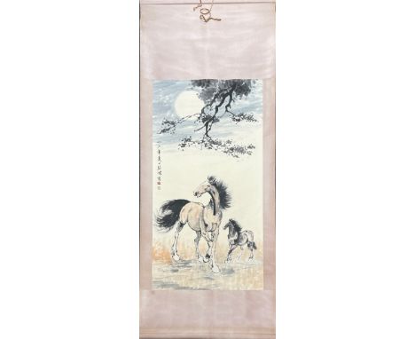 A silk mounted Chinese watercolour scroll painting of two horses in moonlight, scroll size 82 x 214cm.