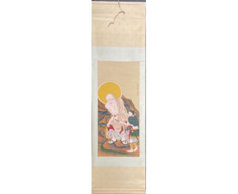 A Chinese watercolour painting on fine linen painted on paper background with a silk surround of a Arhat being greeted by a w