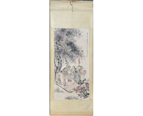 A Chinese hand painted scroll of Sage's playing checkers, scroll size 82 x 215cm. Some age discolouration to silk mount.
