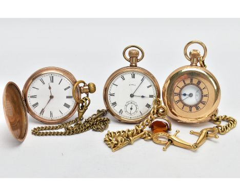 THREE GOLD-PLATED POCKET WATCHES, the first a half hunter, round white dial, Roman numerals, seconds subsidiary dial at the s