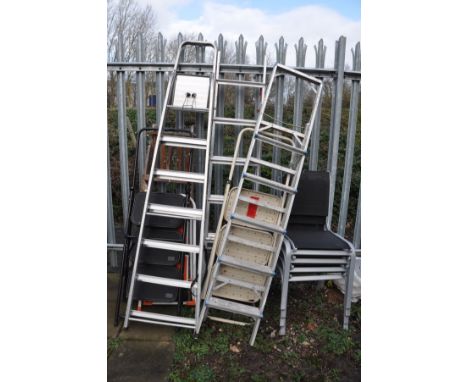 SIX SETS OF STEP LADDERS including three sets of aluminium steps the tallest being 175cm high and a set of four garden chairs