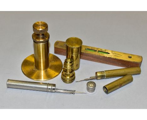 A POWELL AND LEALAND MICROSCOPE OBJECTIVE LENS, A SPIRIT LEVEL AND OTHER METALWARES, to include a Powell &amp; Lealand 1/16 i