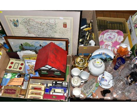 FIVE BOXES AND LOOSE COLLECTIBLES AND SUNDRY ITEMS ETC, to include a circa 1930s dolls house, Welcook tinplate cooker, small 