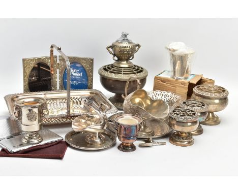 A BOX OF ASSORTED WHITE METAL WARE, to include a silver-plated pierced bonbon dish, four silver-plated rose bowls, two sugar 