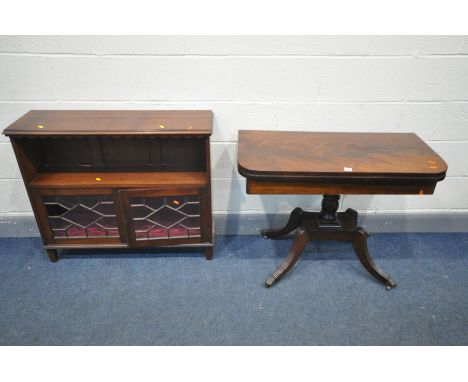 A 19TH CENTURY AND LATER MAHOGANY CARD TABLE, the fold over top enclosing a green baize playing surface, on splayed legs, alo