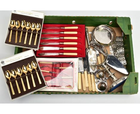 A BOX OF ASSORTED WHITE METAL WARE, to include two silver-plated coasters, a single silver-plated candlestick, two white meta