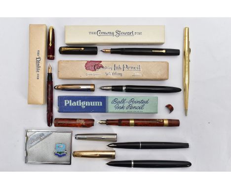 A SELECTION OF WRITING EQUPIMENT, to include a black lacquer and rolled gold lidded 'Parker' fountain pen, a black lacquer an