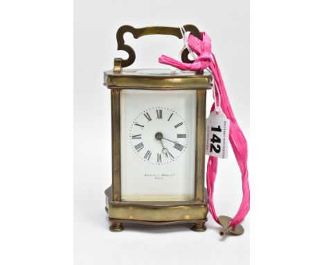 A 'MAPPIN &amp; WEBB' CARRIAGE CLOCK, white dial signed 'Mappin &amp; Webb Ltd, Paris', Roman numerals, gilt brass frame with