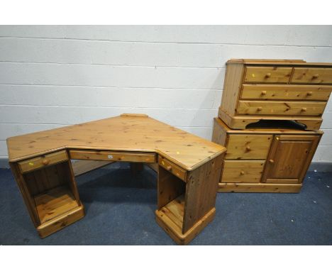 A DUCAL PINE CORNER DESK, width 177cm x depth 101cm x height 75cm, a filing cabinet with drawers and a chest of four drawers 