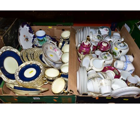 TWO BOXES OF ASSORTED TEA WARES, ETC, including a thirty nine piece Collingwood bone china tea set, s.d., a Royal Crown Derby