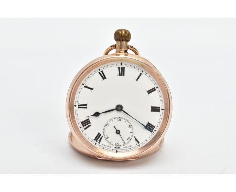 A 9CT GOLD OPEN FACE POCKET WATCH, round white dial, Roman numerals, seconds subsidiary dial at the six o'clock position, blu