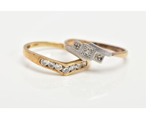 TWO 9CT GOLD RINGS, the first a '9ct and plat' ring set with three very small rose cut diamonds, ring size P, the second a wi