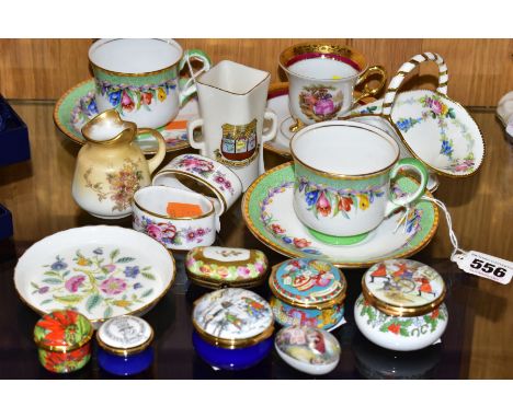 A GROUP OF CERAMICS AND ENAMEL TRINKET BOXES, to include two Aynsley tea cups and saucers with printed crocus pattern, a Meis