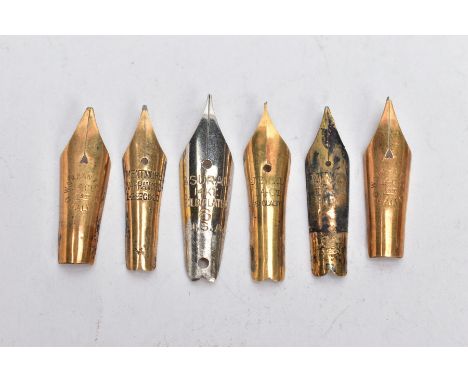 SIX FOUNTAIN PEN NIBS, five stamped 14ct, one stamped 14kt, approximate gross weight 1.7 grams (condition report: all used wi