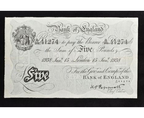 A BANK OF ENGLAND K O PEPPIATT WHITE FIVE POUNDS B169 15th January 1938 (Slight Tear)