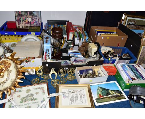 NINE BOXES AND LOOSE BOOKS, PICTURES, CERAMICS, GLASS, METAL WARES AND SUNDRY ITEMS, to include an eighteen piece Royal Doult