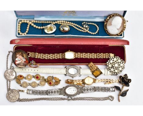 A BAG OF ASSORTED JEWELLERY, to include a lady's silver marcasite quartz wristwatch, oval white dial, Roman numerals, silver 