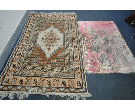 A BROWN WOOLLEN RUG, 240cm x 153cm, and a pink Arabic scene tapestry, 165cm x 112cm (2)