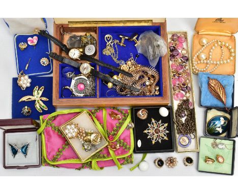 A BOX OF ASSORTED ITEMS, to include a wooden jewellery box with contents of costume jewellery, costume brooches, non-pierced 